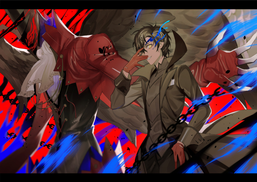 1boy amamiya_ren arsene_(persona_5) black_hair black_jacket chain glasses gloves hat jacket looking_at_viewer male_focus mask pants persona persona_5 red_gloves short_hair smile top_hat wings yellow_eyes yijiao