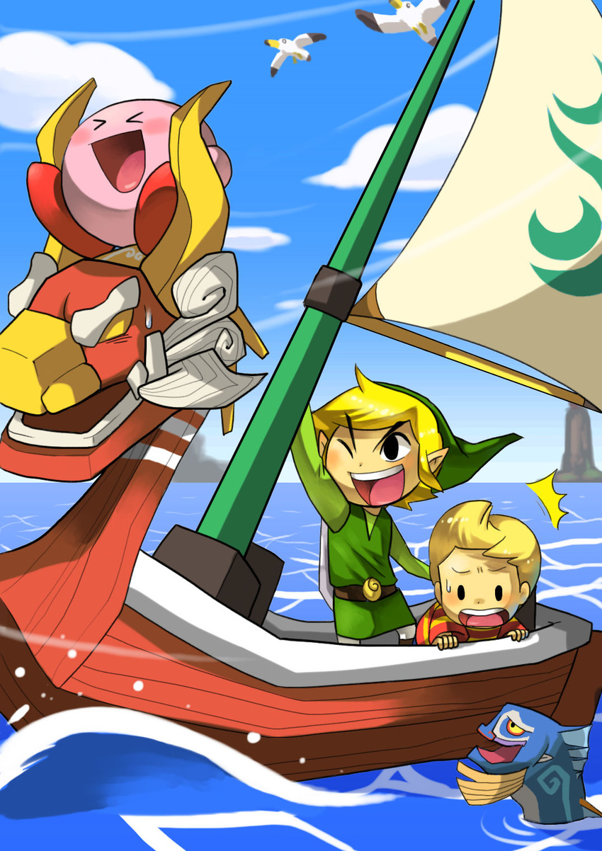 &gt;_&lt; artist_request blonde_hair boat closed_eyes fish hat highres kirby kirby_(series) link lucas male_focus mother_(game) mother_3 multiple_boys ocean one_eye_closed pointy_ears quiff smile super_smash_bros. the_king_of_red_lions the_legend_of_zelda toon_link watercraft