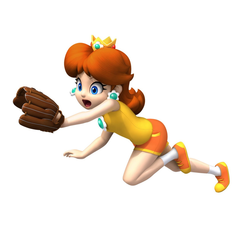 3d :o baseball_glove blue_eyes brown_hair crown daisy highres mario_(series) nintendo official_art open_mouth orange_hair polygon princess_daisy shorts super_mario_bros. super_mario_land