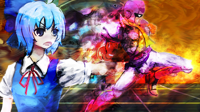 1girl blue_eyes blue_hair bow captain_falcon cirno f-zero gloves hair_bow helmet knees same_2009 scarf short_hair super_smash_bros. touhou