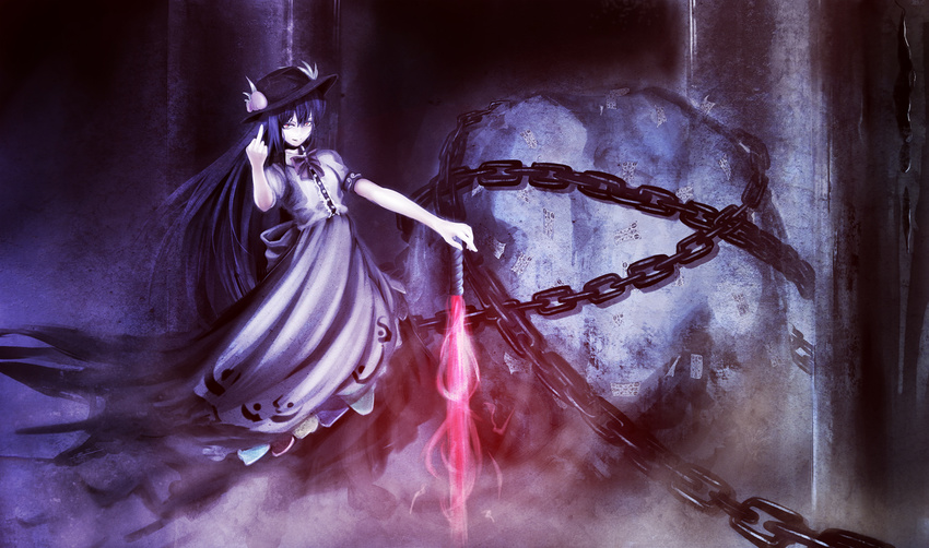 black_hair chain dress hat hinanawi_tenshi long_hair middle_finger solo sword sword_of_hisou touhou walkalone weapon