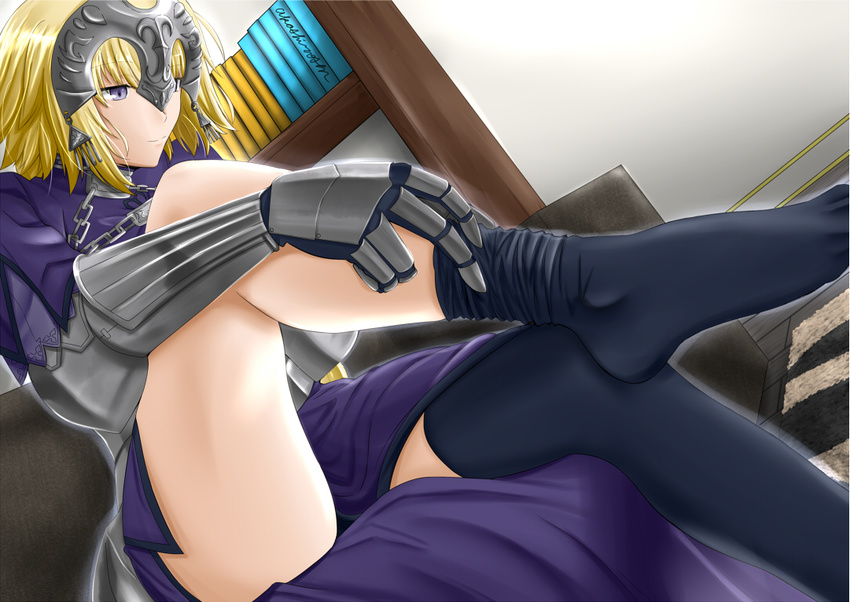 akashiro_sen black_legwear blonde_hair book bookshelf capelet chain dressing fate/apocrypha fate_(series) gauntlets headpiece jeanne_d'arc_(fate) jeanne_d'arc_(fate)_(all) long_hair purple_eyes sitting smile solo thighhighs thighhighs_pull