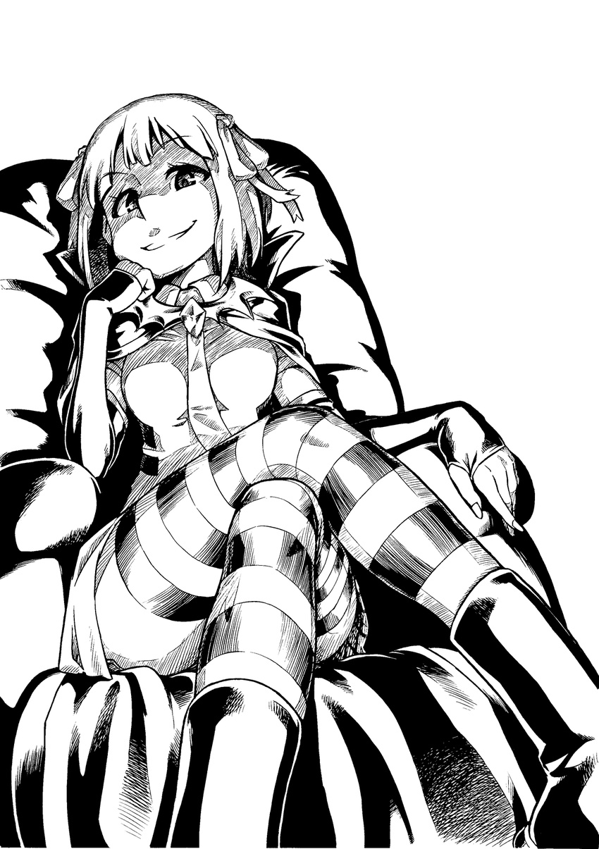 amami_haruka boots chin_rest damu_ningen dark_haruka fingerless_gloves gloves greyscale grin hair_ribbon highres idolmaster idolmaster_(classic) monochrome ribbon shaded_face short_hair sitting smile solo striped striped_legwear thighhighs zettai_ryouiki