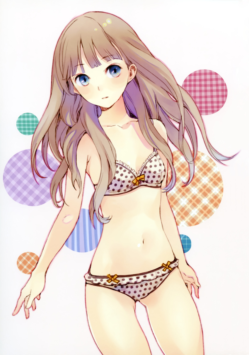 absurdres bra brown_hair highres kishida_mel lingerie long_hair looking_at_viewer navel original panties polka_dot polka_dot_bra polka_dot_panties simple_background solo underwear underwear_only