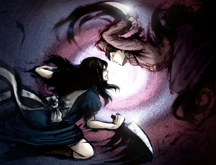 alice:_madness_returns alice_(wonderland) alice_in_wonderland american_mcgee's_alice battle black_hair boots bow braid brown_hair ceramic_man crossover dress duel incoming_attack knife long_hair madotsuki multiple_girls parody reverse_grip street_fighter street_fighter_iv_(series) style_parody twin_braids weapon weapon_connection yume_nikki
