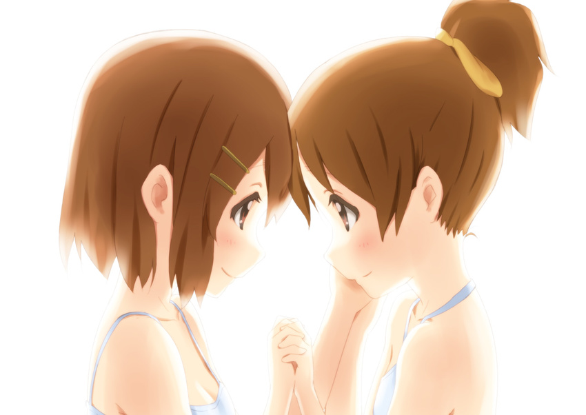 blush brown_eyes brown_hair caress dress errant eye_contact hair_ornament hair_ribbon hairclip hirasawa_ui hirasawa_yui holding_hands incest k-on! looking_at_another multiple_girls ponytail profile ribbon short_hair siblings simple_background sisters smile white_background white_dress yuri