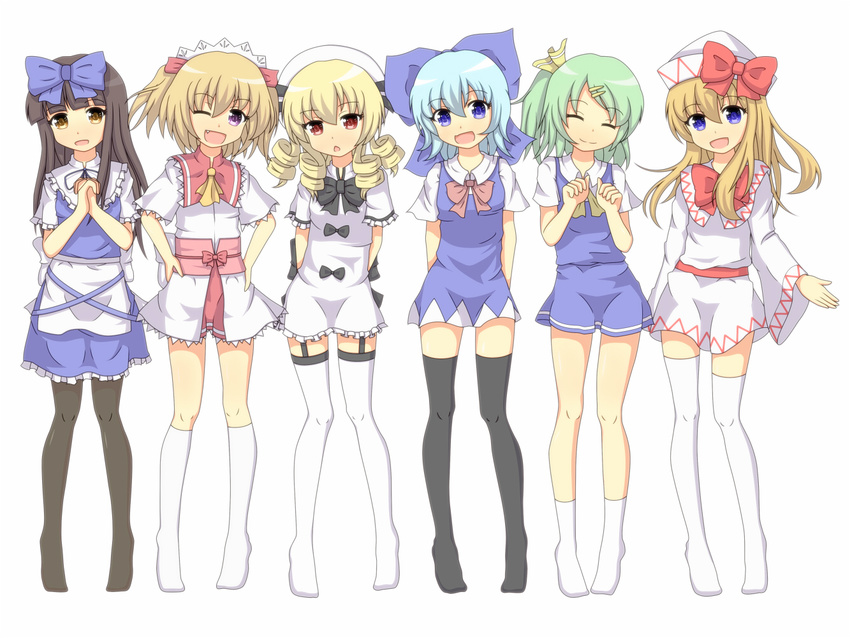 adapted_costume arms_behind_back bad_id bad_pixiv_id black_hair black_legwear blonde_hair blue_hair bow brown_eyes cirno daiyousei drill_hair fang garter_belt green_hair hair_bow hair_ornament hair_ribbon hairclip hands_on_hips hat kinakomoti kneehighs legs lily_white long_hair luna_child multiple_girls one_eye_closed orange_hair pantyhose purple_eyes red_eyes ribbon short_twintails side_ponytail smile socks star_sapphire sunny_milk thighhighs touhou twintails underwear white_legwear yousei_daisensou zettai_ryouiki