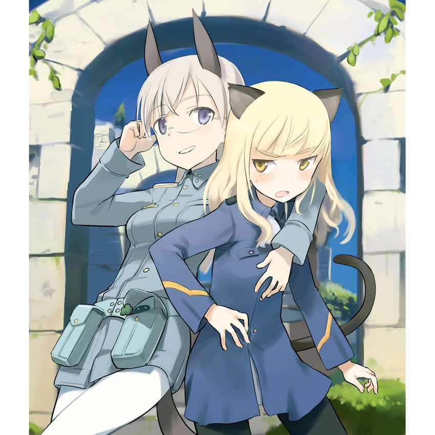 animal_ears bespectacled blonde_hair blue_eyes borrowed_garments cat_ears eila_ilmatar_juutilainen eyewear_switch fox_ears glasses long_hair military military_uniform multiple_girls pantyhose perrine_h_clostermann shimada_fumikane silver_hair smile strike_witches tail uniform white_legwear world_witches_series yellow_eyes