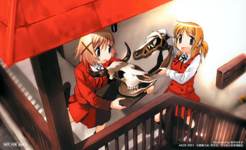 hidamari_sketch highres miyako multiple_girls nagatsuki_misoka non-web_source school_uniform skull stairs yuno