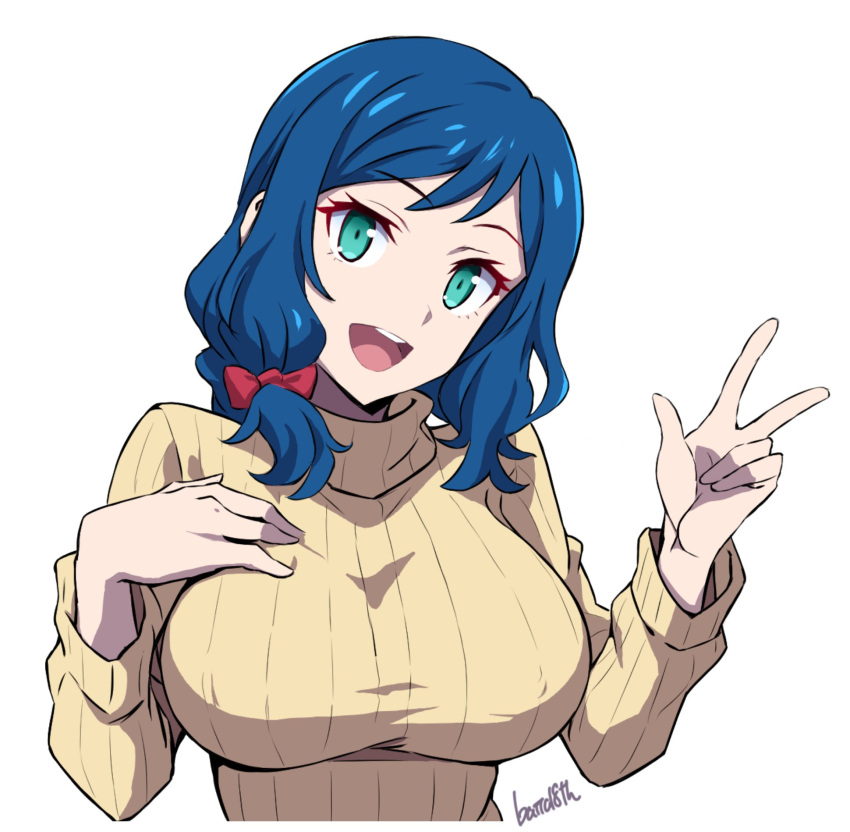 1girl artist_name batta_16-sei blue_hair breasts commentary_request green_eyes gundam gundam_build_fighters hair_ribbon hand_on_own_chest head_tilt highres iori_rinko large_breasts long_hair long_sleeves medium_hair open_mouth red_ribbon ribbon simple_background smile solo sweater teeth upper_body upper_teeth_only w white_background yellow_sweater