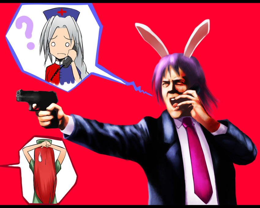 24 2girls ? animal_ears bunny_ears cellphone cosplay formal gun handgun hong_meiling jack_bauer letterboxed multiple_girls o_o onibi_(foxhound4185) parody phone pistol purple_hair reisen_udongein_inaba reisen_udongein_inaba_(cosplay) suit talking_on_phone touhou weapon yagokoro_eirin