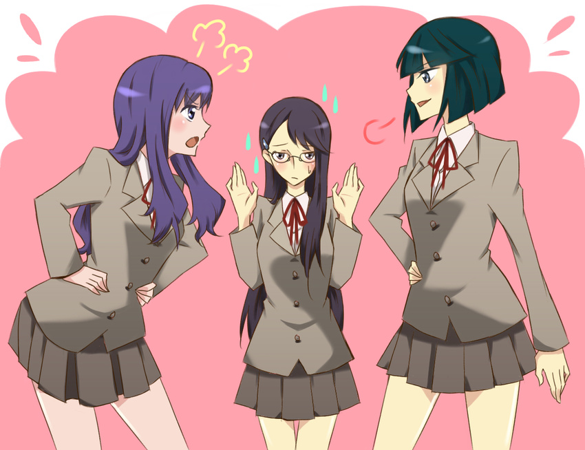 angry black_hair blazer blush dark_precure fighting flying_sweatdrops fume glasses guratama hand_on_hip hands_on_hips hands_up heartcatch_precure! jacket kurumi_momoka long_hair multiple_girls myoudou_gakuen_high_school_uniform pink_background precure purple_eyes purple_hair school_uniform short_hair sigh sweatdrop tsukikage_yuri what_if