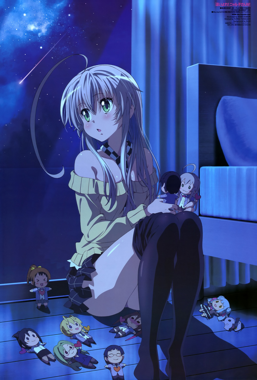 :o absurdres ahoge bed bed_sheet blush character_doll chibi crease cthugha_(nyaruko-san) everyone falling_star ghutatan_(nyaruko-san) green_eyes haiyore!_nyaruko-san hastur_(nyaruko-san) heart highres huge_ahoge indoors knees_up kurei_tamao legs long_hair long_legs looking_to_the_side newtype night night_sky nyarlathotep_(nyaruko-san) official_art oomori_mami open_mouth pillow room scan shantak_(nyaruko-san) sidelocks silver_hair sitting sky star_(sky) starry_sky yasaka_mahiro yasaka_yoriko yoichi_takehiko