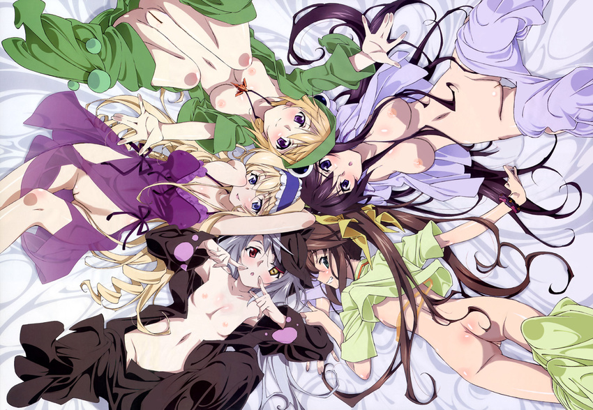 5girls ass bed black_hair blonde_hair blue_eyes blush breasts brown_hair cecilia_alcott charlotte_dunois eyepatch flat_chest green_eyes hair_ribbon headdress heterochromia huang_lingyin infinite_stratos laura_bodewig long_hair looking_at_viewer looking_back lying mamezuka_takashi megami multiple_girls navel necklace nipples nude nude_filter on_back on_stomach open_mouth open_shirt pajamas photoshop purple_eyes pussy red_eyes ribbon see-through shinonono_houki short_hair silver_hair smile striped twintails uncensored undressing very_long_hair yellow_eyes