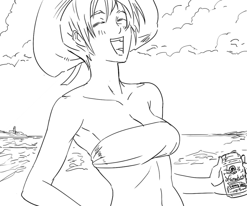 bare_shoulders bb_(baalbuddy) beach beer_can breasts can cleavage closed_eyes greyscale hat laughing love_hina medium_breasts midriff monochrome short_hair sketch solo strapless sun_hat tubetop urashima_haruka