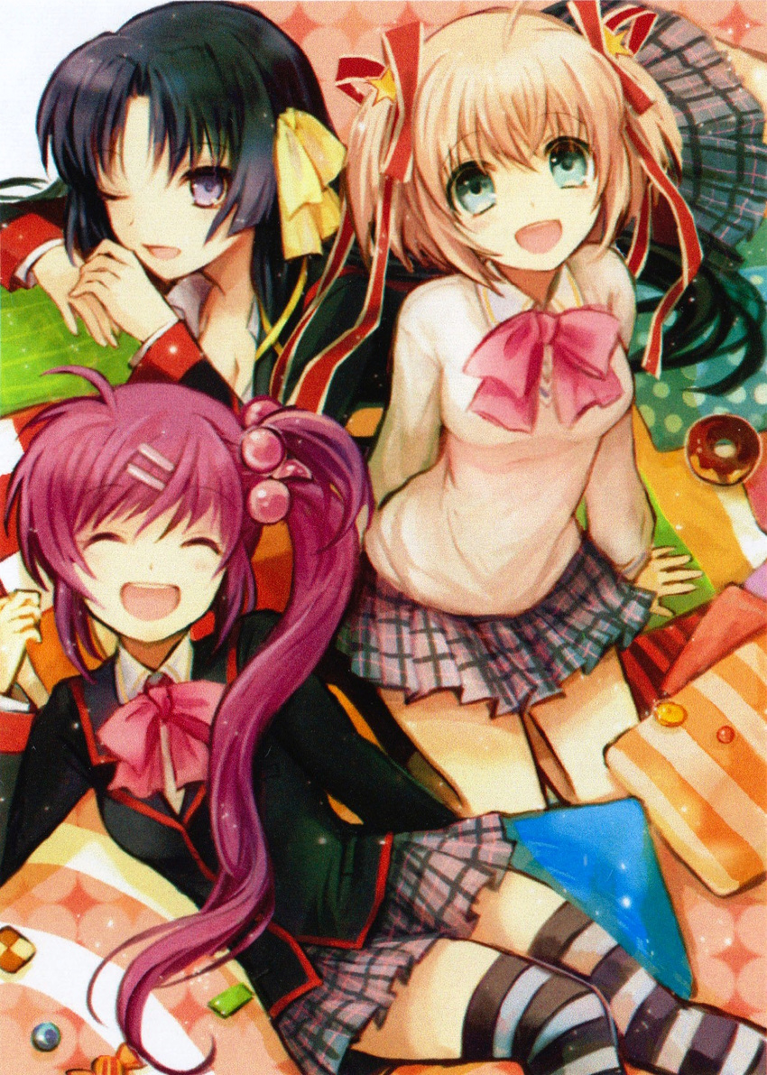 :d ^_^ ^o^ black_hair blonde_hair blue_eyes bow breasts candy checkerboard_cookie cleavage closed_eyes cookie cushion doughnut food from_above grey_skirt hair_bobbles hair_ornament hair_ribbon highres kamikita_komari kurugaya_yuiko little_busters! long_hair long_sleeves looking_at_viewer looking_up medium_breasts miniskirt multiple_girls open_mouth pillow pink_bow plaid plaid_skirt purple_eyes purple_hair ribbon saigusa_haruka school_uniform short_hair side_ponytail skirt smile striped striped_legwear thighhighs twintails yuhazu_(rhe-rhe)