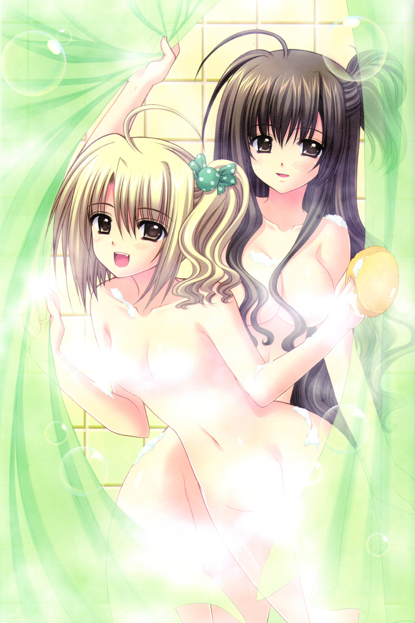 :d absurdres blonde_hair breasts brown_eyes brown_hair censored cleavage convenient_censoring highres judgement_chime kouda_ai medium_breasts multiple_girls nishimata_aoi nude open_mouth oretachi_ni_tsubasa_wa_nai shower_curtain showering small_breasts smile sponge steam steam_censor watarai_asuka