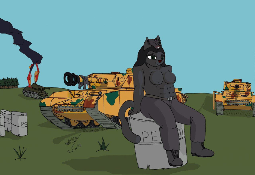 2013 abs black_panther breasts burning feline female gasoline german hair laura_b&auml;cker laura_baecker leopard long_hair navel nazi panther panzerschreck petrol tank weapon wide_hips world_war_2