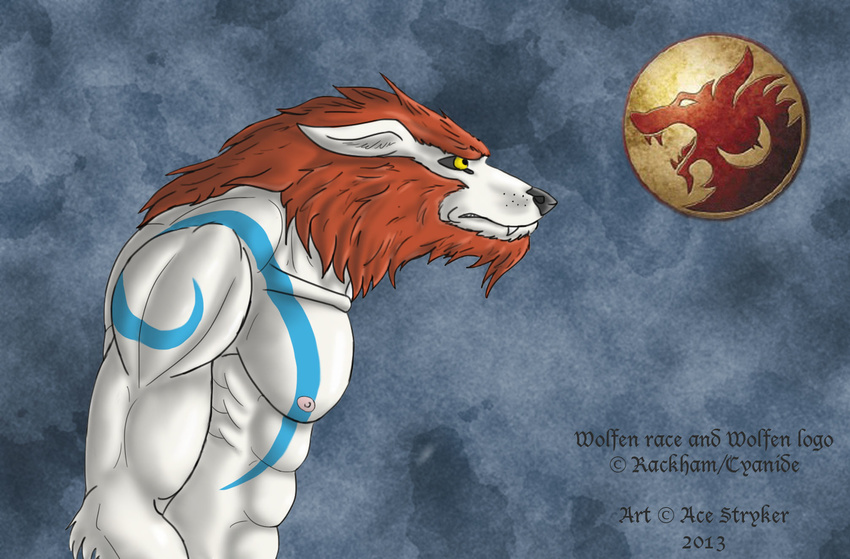 abs ace_stryker anthro biceps black_nose blue_fur brown_hair canine chest fangs fur grey_background grey_fur hair male mammal mane muscles nipples pecs plain_background pose solo standing tattoo teeth toned topless were werewolf white_fur wolf wolfen yellow_eyes