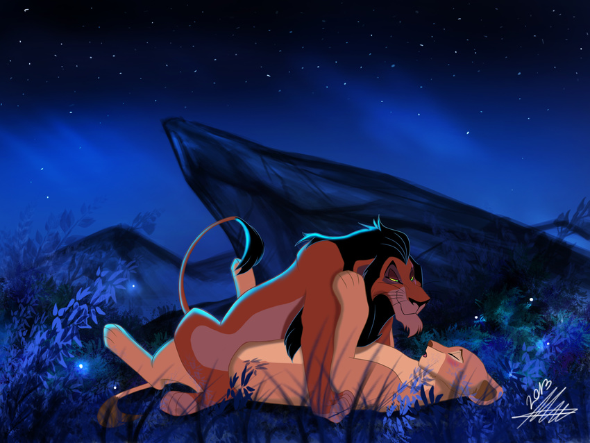 blush disney dksk30 eyes_closed feline female feral feral_on_feral firefly fur grass green_eyes hair laying_on_back lion lying male mammal nala night on_back open_mouth outside raised_tail rock scar scar_(the_lion_king) sex sky smile stars straight tall_grass the_lion_king