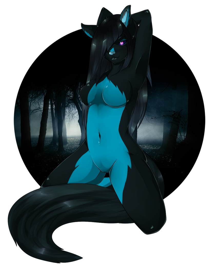 alpha_channel anthro arm_behind_head armpits black_fur black_hair black_lips black_sclera blue_fur blue_nose breasts canine cat cute cyan_fur cyan_nose darkness detailed feline female fog forest fox fur glowing glowing_eyes hair hair_over_eye kneeling lips long_hair looking_at_viewer mammal multicolor_fur navel no_nipples no_pussy perky_ears photo_background pink_eyes pose purple_eyes seductive smile solo spread_legs spreading sukaberry tail_between_legs tree trinity trinity_foxxen two_tone_fur