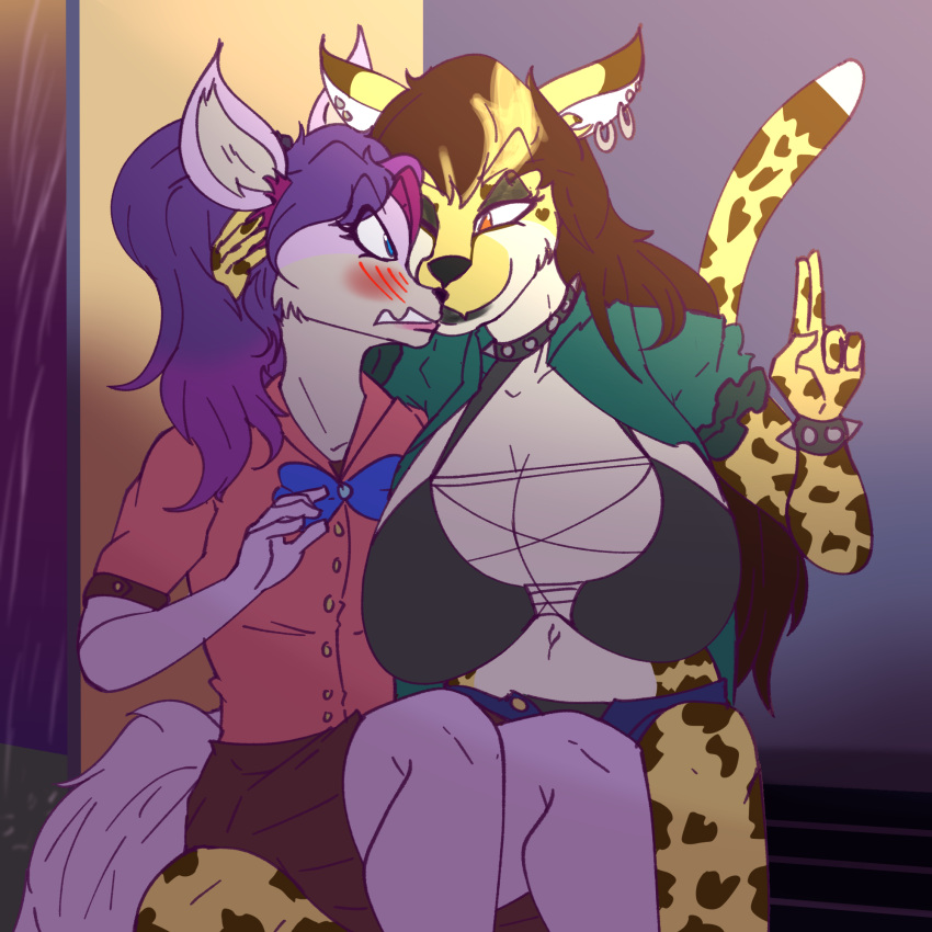 anthro big_breasts breasts bus_stop canid canine cheetah clothing digital_media_(artwork) duo felid feline female female/female fox goth hi_res huge_breasts humanoid mammal marshbreeze night nuzzling on_lap raining romantic romantic_couple simple_background sitting_on_lap smile