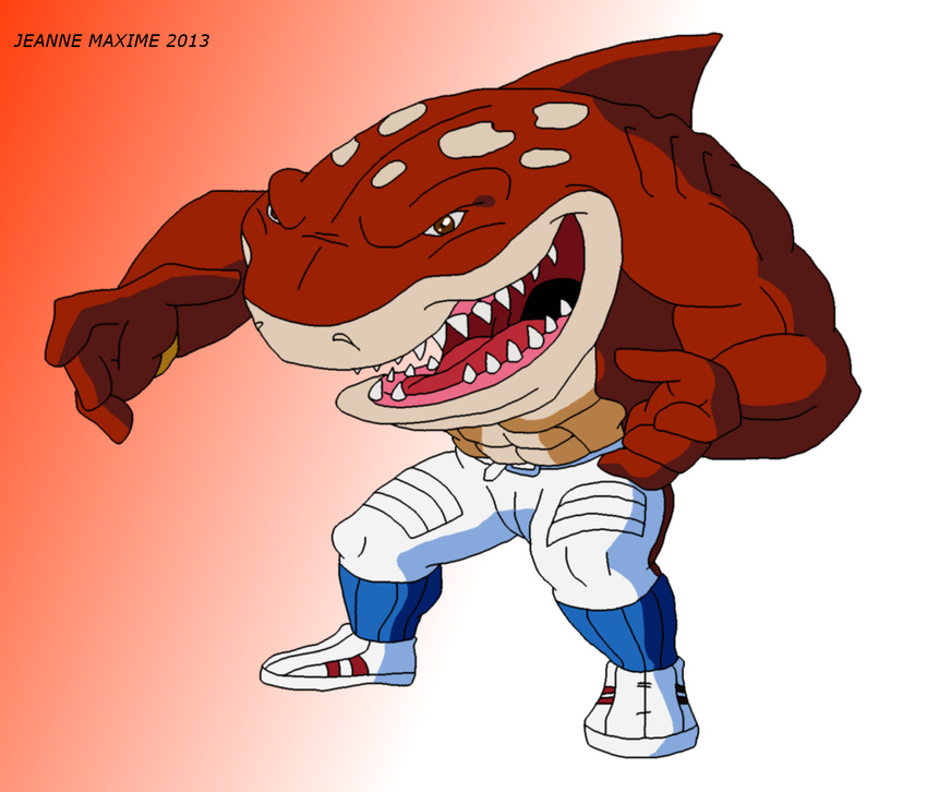 abs anthro biceps brown_eyes brown_skin clothed clothing dorsal_fin fangs fin fish fishmen footwear gills grin half-dressed male marine maxime-jeanne muscles mutant open_mouth pants pecs pose scalie shark shoes slammu slammu_(street_sharks) smile sneakers solo standing street_sharks teeth tongue topless whale_shark