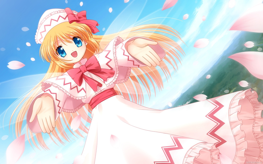 blonde_hair blue_eyes cherry_blossoms hat lily_white long_hair s_nyaau solo touhou wallpaper