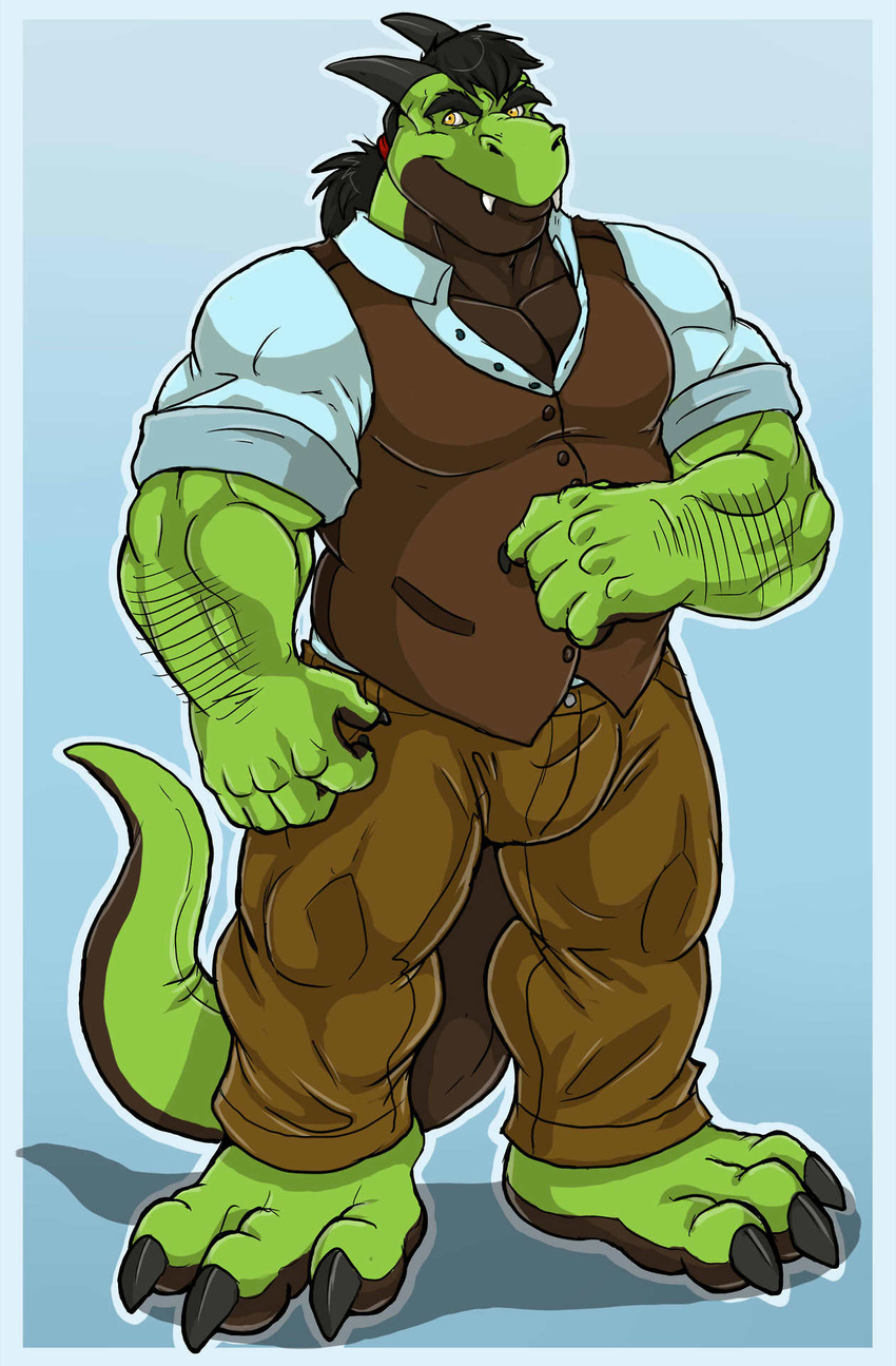 amber_eyes anthro arody barefoot belly biceps big_muscles black_hair black_horns black_scales blue_background brown_skin bulge chubby claws clothing drag_(character) dragon fangs green_dragon green_scales green_skin grin hair hairy hindpaw horn jacket looking_at_viewer male muscles mutant_serpentina pants paws pecs plain_background ponytail pose reptile scales scalie shirt smile solo standing tight_clothing toe_claws toes trousers waistcoat yellow_eyes