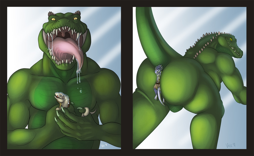altairxxx balls big_butt butt claws huge_butt macro male micro mouth muscles open_mouth raised_tail reptile saliva scalie size_difference smirk teeth tongue trapped