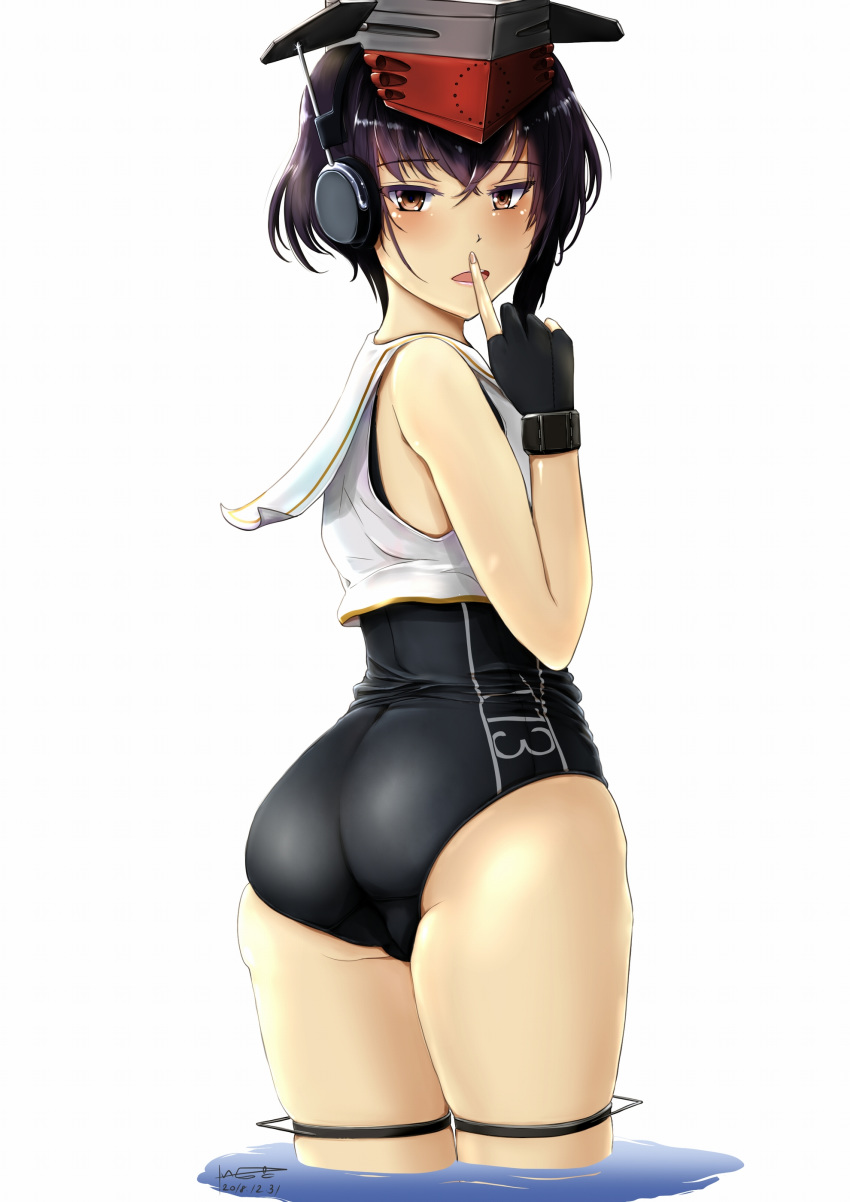 1girl absurdres ass asymmetrical_hair back black_hair black_swimsuit brown_eyes character_name crop_top dated eyebrows_visible_through_hair finger_to_mouth gloves hair_between_eyes hat headphones highres i-13_(kantai_collection) kantai_collection looking_at_viewer looking_back okota_(pixiv) old_school_swimsuit one-piece_swimsuit partially_submerged partly_fingerless_gloves sailor_collar school_swimsuit shirt short_hair signature single_glove solo swimsuit swimsuit_under_clothes tsurime water white_sailor_collar