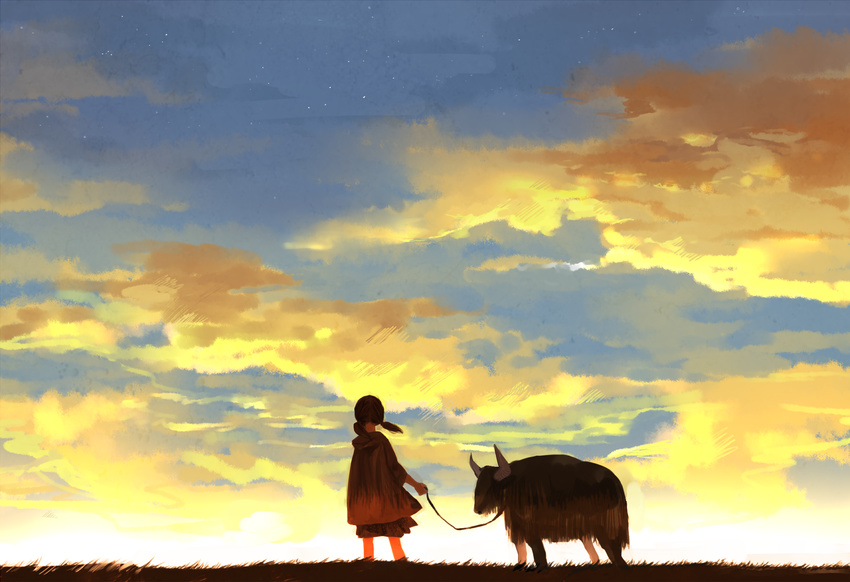 back cloud cloudy_sky grass highres kyouichi leash original short_hair sky star_(sky) sunrise twintails yak yellow_sky