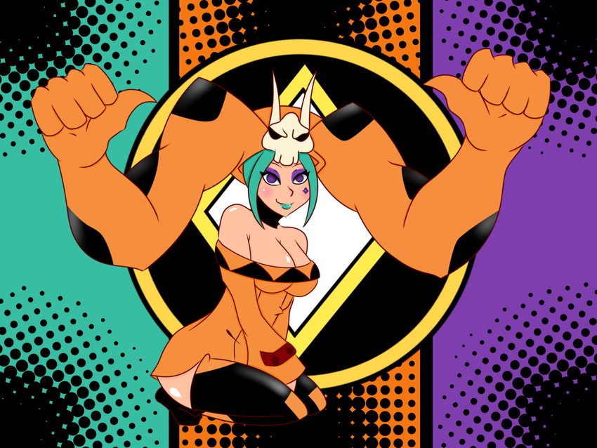 altruistic_nogitsune bare_shoulders breasts cerebella_(skullgirls) cleavage dark_skin eyeshadow female fighting_game girl green_hair hd highres horns large_breasts lipstick makeup purple_eyes skullgirls smile thighhighs vice-versa_(skullgirls) video_game wallpaper