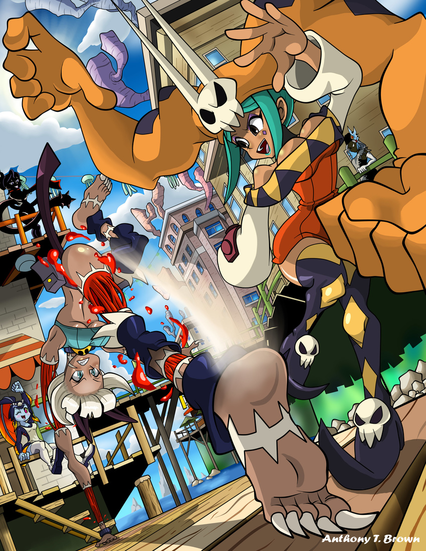 absurdres animal_ears aqua_hair armpits artist_name battle black_dahlia blood blue_eyes breasts brown_eyes cat_ears cerebella_(skullgirls) claws clenched_teeth dark_skin fish_girl folded_ponytail grin handstand high_heels highres kicking large_breasts living_clothes makeup minette_(skullgirls) ms._fortune_(skullgirls) multiple_girls nextgrandcross no_pupils one_eye_closed open_mouth parted_lips red_eyes shoes short_hair sitting skullgirls smile tail teeth thighhighs underboob venus_(skullgirls) vice-versa_(skullgirls) white_hair yellow_sclera zettai_ryouiki