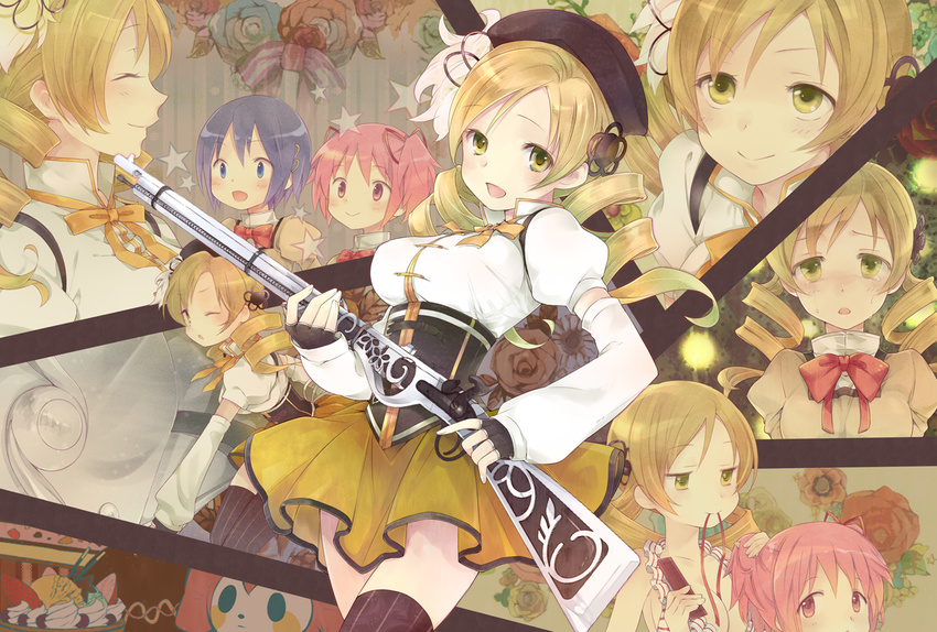 charlotte_(mahou_shoujo_madoka_magica) gun hutuumikan kaname_madoka mahou_shoujo_madoka_magica miki_sayaka seifuku thighhighs tomoe_mami