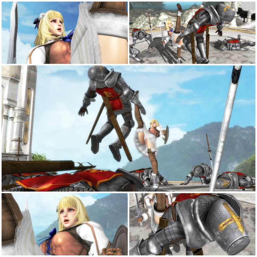 3d armor battle blonde_hair highres kick kicking lying panties pyrrha_alexandra shield soul_calibur soulcalibur_v sword underwear weapon