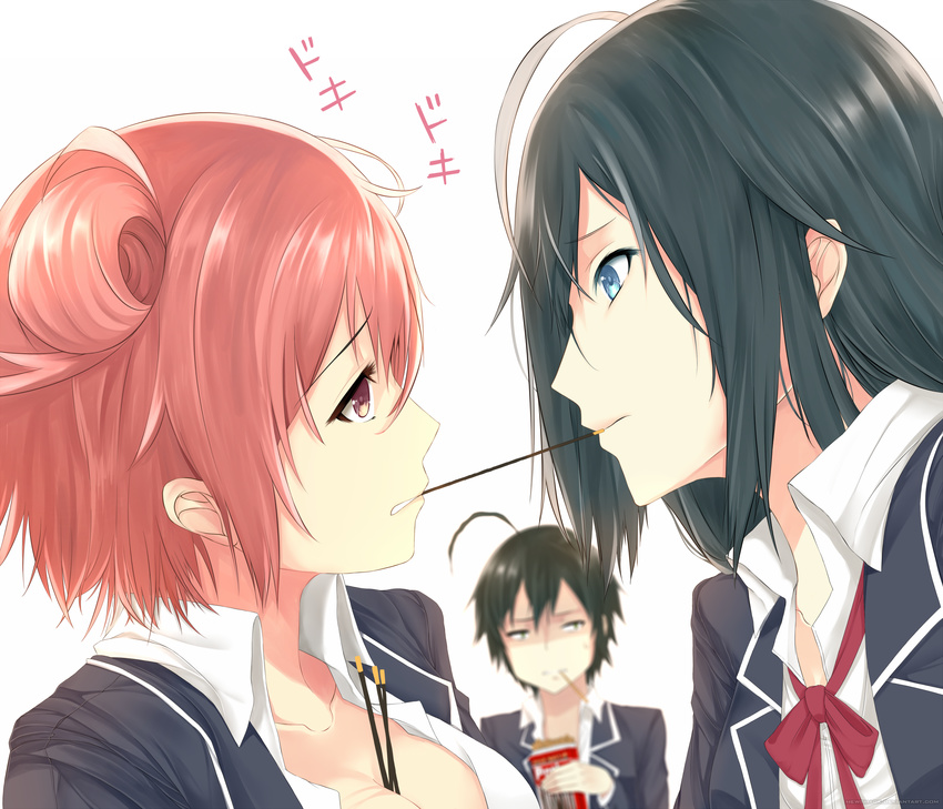 2girls ahoge black_hair blue_eyes breasts brown_eyes cleavage eye_contact eyepatch food hair_between_eyes hews_hack highres hikigaya_hachiman long_hair looking_at_another medium_breasts multiple_girls pocky pocky_kiss red_ribbon ribbon school_uniform shared_food short_hair yahari_ore_no_seishun_lovecome_wa_machigatteiru. yuigahama_yui yukinoshita_yukino yuri