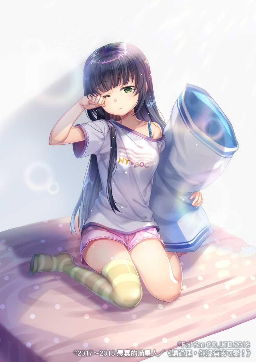 1girl 2018 asymmetrical_legwear bangs bed_sheet black_hair blunt_bangs bra_strap capura_lin dakimakura_(object) eyebrows_visible_through_hair full_body green_eyes grey_background highres holding holding_pillow long_hair off_shoulder one_eye_closed original pillow pink_shorts print_shirt shiny shiny_hair shirt short_shorts short_sleeves shorts single_thighhigh sitting sleepy solo striped striped_legwear thighhighs very_long_hair wariza white_shirt