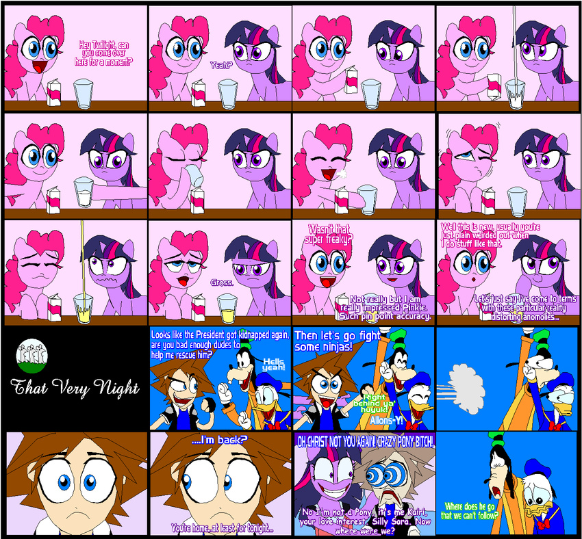 avian blue_eyes brown_fur canine comic crossover cup dialog dog donald_duck duck english_text equine eyes female feral friendship_is_magic fur goofy group hair horn horse human kingdom_hearts mammal my_little_pony peeing pink_fur pink_hair pinkie_pie_(mlp) pony purple_eyes purple_fur purple_hair rape_face sora sora_(kingdom_hearts) text twilight_sparkle_(mlp) tyrranux unicorn urine watersports white_body