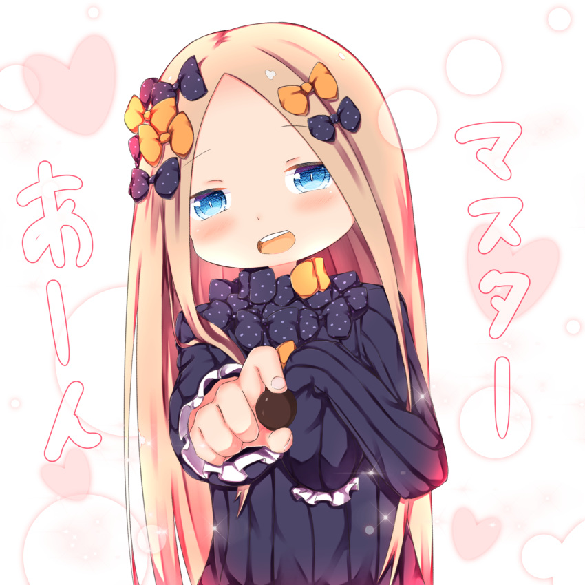 1girl :d abigail_williams_(fate/grand_order) bangs black_bow black_dress blonde_hair blue_eyes blush bow chocolate commentary_request dress eyebrows_visible_through_hair fate/grand_order fate_(series) fingernails food forehead hair_bow head_tilt heart highres holding holding_food long_hair long_sleeves no_hat no_headwear open_mouth orange_bow outstretched_arm parted_bangs polka_dot polka_dot_bow sleeves_past_fingers sleeves_past_wrists smile solo su_guryu translation_request upper_body upper_teeth valentine very_long_hair