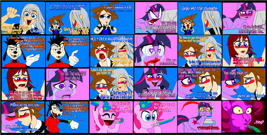 angry anthro blood blue_eyes blush canine clothing computer crossover crying cutie_mark dog equine eyes female feral friendship_is_magic fur gay gloves group hair horn horse human kairi kingdom_hearts male mammal max_goof my_little_pony nosebleed party_hat party_horn pink_fur pink_hair pony purple_eyes purple_fur riku_(kingdom_hearts) smile sora sora_(kingdom_hearts) suggestive tears text twilight_sparkle_(mlp) tyrranux unicorn vein watch what