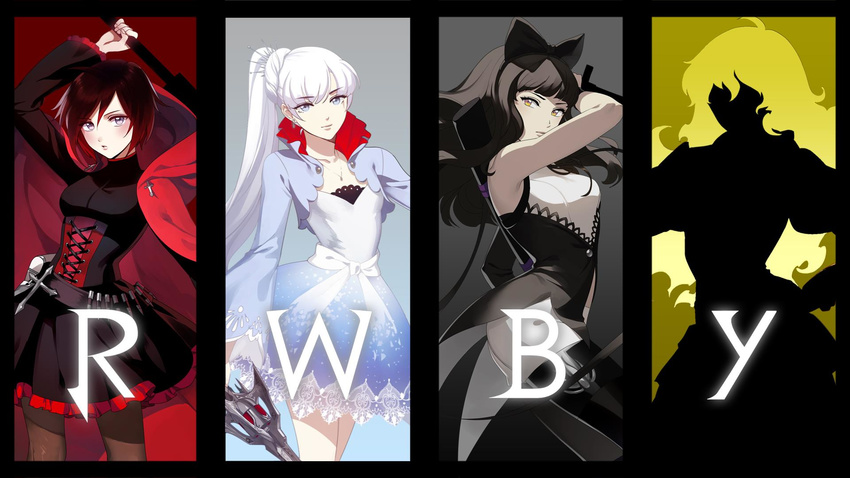 blake_belladonna dress monty_oum pantyhose ruby_(rwby) rwby wallpaper weapon weiss_schnee yang_xiao_long