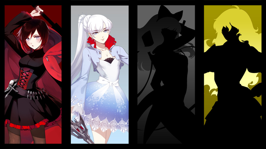 blake_belladonna dress monty_oum pantyhose possible_duplicate ruby_(rwby) rwby wallpaper weapon weiss_schnee yang_xiao_long