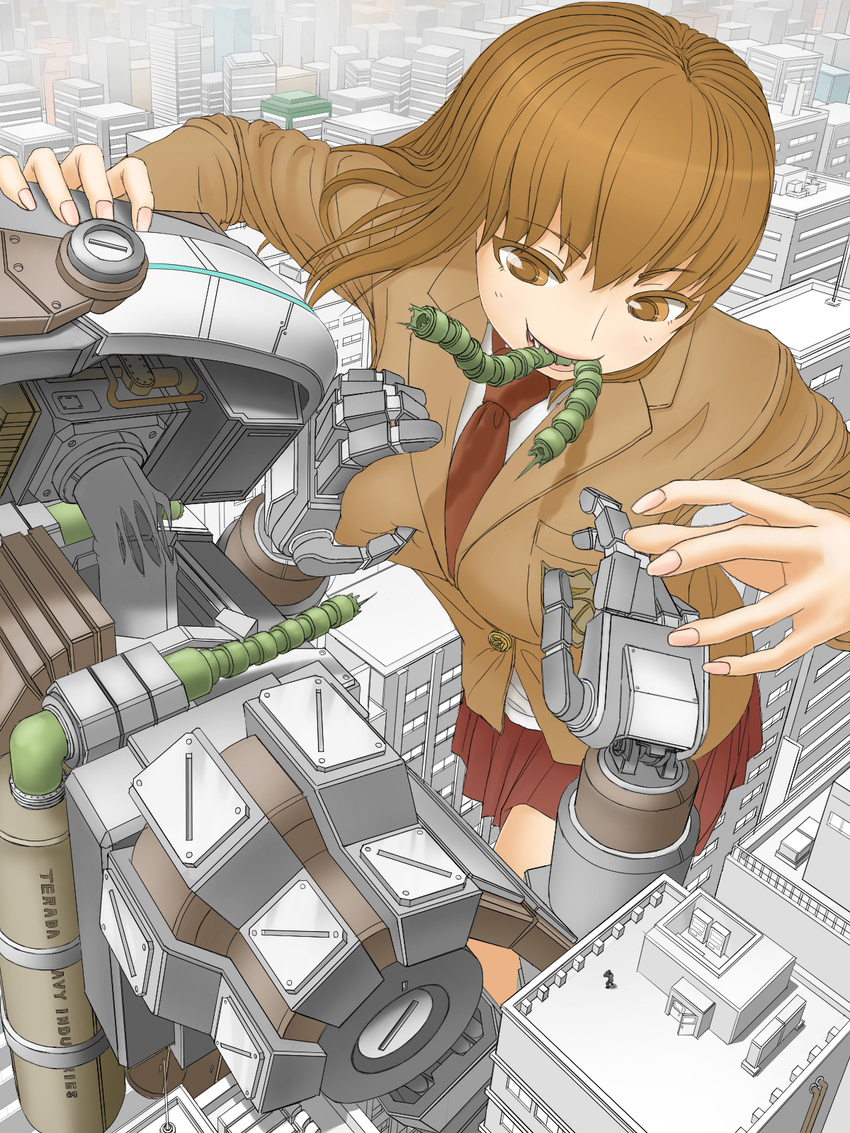 battle battle_damage breasts brown_eyes brown_hair city giantess grin groping large_breasts long_hair mecha mouth_hold original school_uniform smile uru