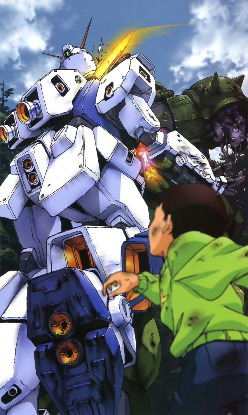 absurdres alfred_izuruha axe battle beam_saber damaged day energy_sword forest gundam gundam_0080 gundam_alex heat_hawk highres mecha nature official_art sky spoilers sword weapon zaku_ii_fz_kai