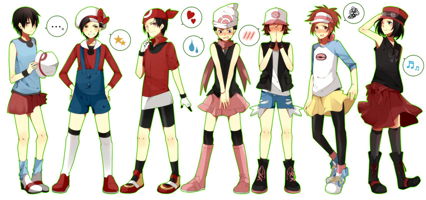 6+boys beamed_sixteenth_notes bike_shorts black_hair black_legwear blue_(pokemon) blue_(pokemon)_(cosplay) blue_eyes boots brown_hair calme_(pokemon) cosplay covering_face crossdressing full_body gold_(pokemon) haruka_(pokemon) haruka_(pokemon)_(cosplay) hat heart highres hikari_(pokemon) hikari_(pokemon)_(cosplay) kneehighs kotone_(pokemon) kotone_(pokemon)_(cosplay) kouki_(pokemon) kyouhei_(pokemon) male_focus mei_(pokemon) mei_(pokemon)_(cosplay) multiple_boys musical_note overalls pantyhose pink_footwear pokemon pokemon_(game) pokemon_bw pokemon_bw2 pokemon_dppt pokemon_gsc pokemon_hgss pokemon_rgby pokemon_rse pokemon_xy purple_eyes red_(pokemon) red_eyes rento_(ayato) scarf serena_(pokemon) serena_(pokemon)_(cosplay) skirt speech_bubble spoken_blush spoken_expression spoken_heart spoken_musical_note spoken_squiggle spoken_star squiggle touko_(pokemon) touko_(pokemon)_(cosplay) touya_(pokemon) visor_cap white_legwear yuuki_(pokemon)