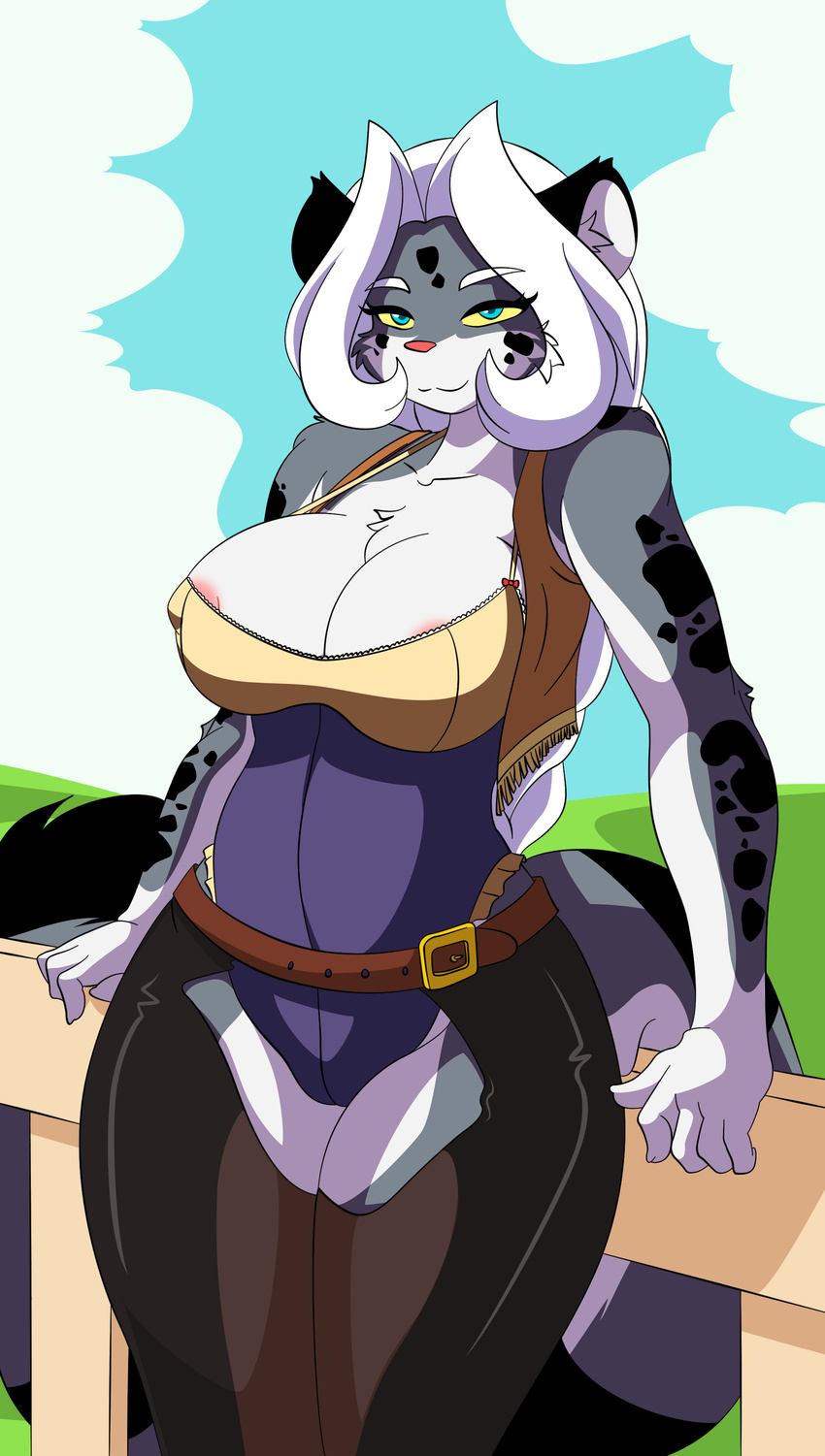 areola big_breasts blue_eyes breasts camel_toe chubby closed_mouth clothed clothing cowboy_outfit edit feline female fur grey_fur hair las_lindas leopard long_hair looking_at_viewer mammal skimpy smile solo standing tila tila_sunrise white_fur white_hair