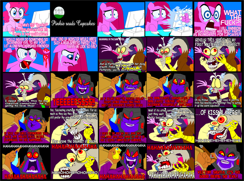 angry antlers blood blue_eyes comic computer crying dialog discord_(mlp) draconequus draconuus english_text equine eyes facial_hair female feral friendship_is_magic fur group hair horn horse machine male mammal mechanical mustache my_little_pony pink_fur pink_hair pinkamena_(mlp) pinkie_pie_(mlp) pony primus punch red_eyes robot tears text transformers tyrranux