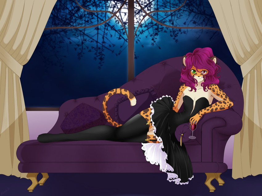 beverage cat cheetah crossdressing dress elegant feline frilly frily garter girly heterochromia legwear loki lolita male mammal moon nataly-b night reizo seat seductive sofa stockings wine young