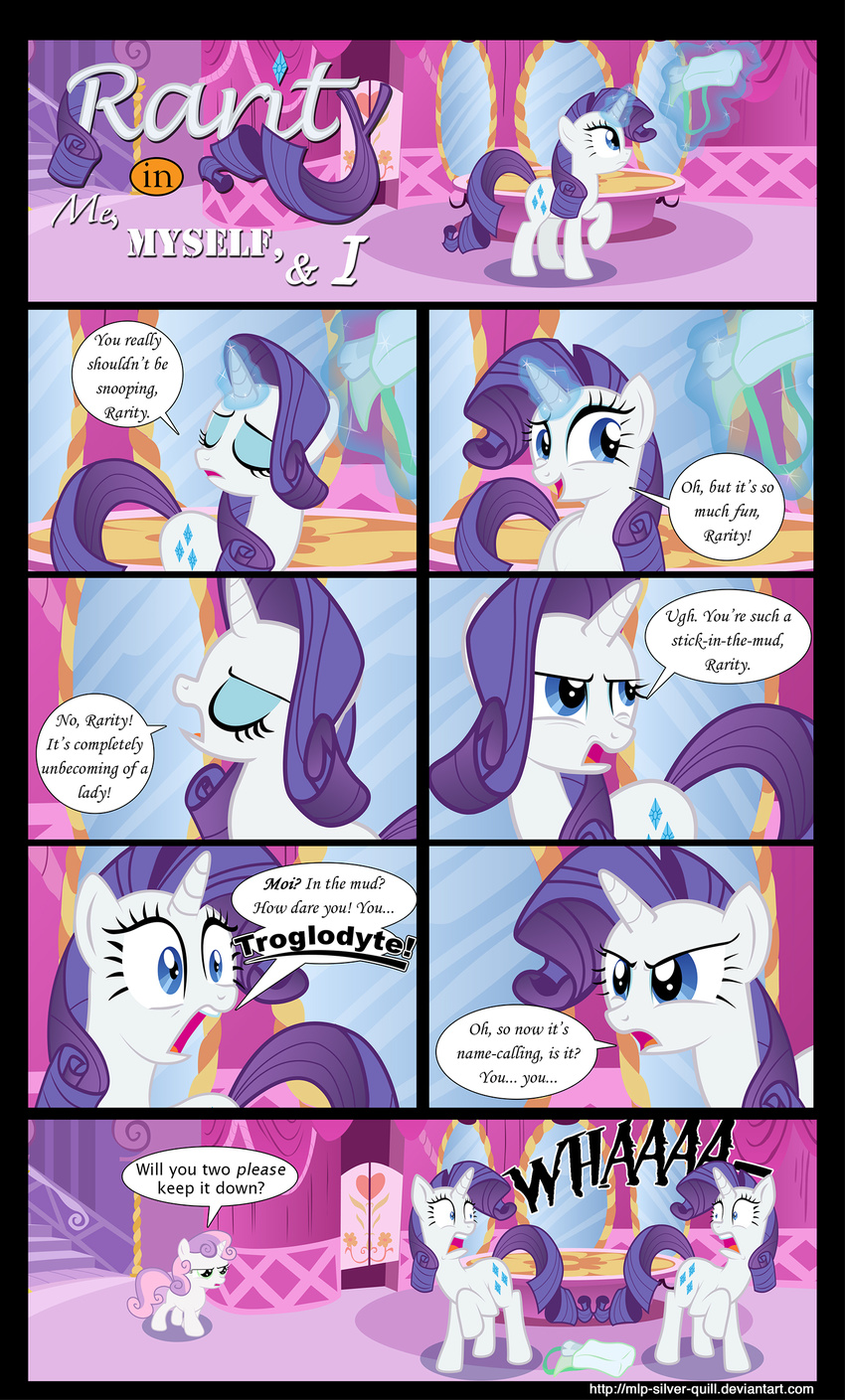 bag blue_eyes comic cub cutie_mark dialog english_text equine eyes_closed eyeshadow female feral friendship_is_magic fur glowing hair horn horse levitation magic makeup mammal mlp-silver-quill my_little_pony pony purple_hair rarity_(mlp) sweetie_belle_(mlp) text two_tone_hair unicorn white_fur young
